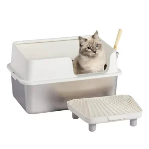 Stainless Steel Litter Box with Lid, Extra Large Litter Box for Big Cats, Litter Box with Pedal Filter and Scoop for Easy Cleaning, White
