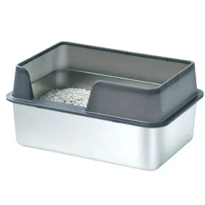 Stainless steel cat litter box. Easy to clean, does not absorb odors, comes with a shovel