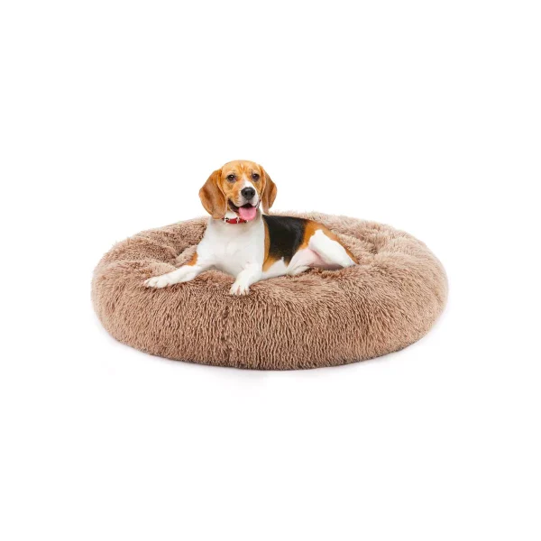 Calming Donut Pet Bed, Plush machine-washable faux fur with waterproof anti-slip base. Anxiety-relief design for small/medium Dogs & Cats