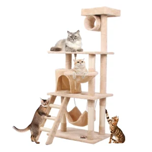 55In Cat Tree Tower for Indoor Cats,Multi-Level, Furniture Activity Center with Scratching Posts Stand, Cream White, 25.6"*15.8"*55.1"