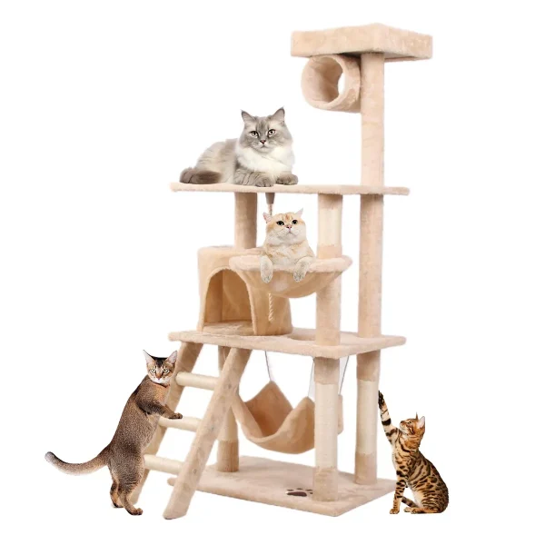 55In Cat Tree Tower for Indoor Cats,Multi-Level, Furniture Activity Center with Scratching Posts Stand, Cream White, 25.6"*15.8"*55.1"