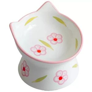 Elevated Ceramic Cat Bowl, Floral White & Blush Pink, 7oz